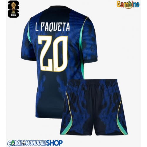 Maglie da calcio Brasile Lucas Paqueta #20 Seconda Maglia Bambino Mondiali 2026  Manica Corta + Pantaloni corti)